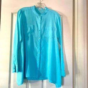 Eileen Fisher Irish Linen, Button Down, Collarless Long Sleeved Shirt Size Small